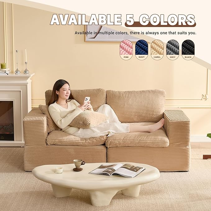 74.8” Set of Cloud Couch, Modular Loveseat Sofa, Convertible Sofas Bed, Deep Seat Sofa, Cozy Sofa for Living Room, Office and Bedroom, Corduroy, Camel