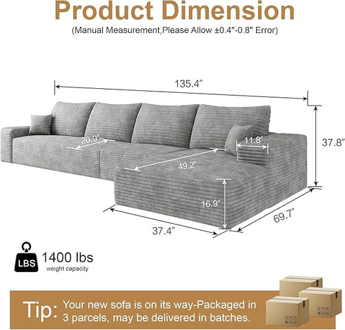 136" Sectional Couches for Living Room Cloud Couch Sofa with L-Shape Upholstered Boneless Couchs Modern Modular Sectional Couch with Chaise (Grey, 136" Right Facing Chaise+3Seaters)