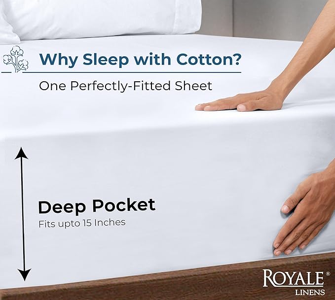 Royale Linens 100% Organic Cotton Fitted Sheet - Percale Weave - Super Soft Deep Pocket Bottom Sheets - White Elastic Sheet Twin Size - Twin Fitted Sheets Only - (39"x75"+15", White)
