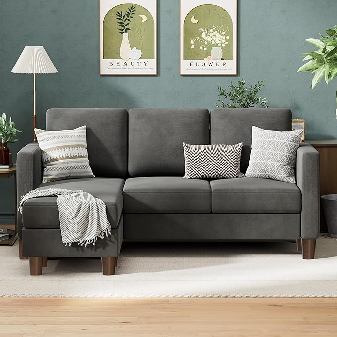 VICTONE Convertible Sectional Sofa Couch, 3 Seat L-Shaped Sofa with Linen Fabric Ottoman Small Couch for Small Apartments, Living Room and Office (Linen Fabric, Dark Gray)