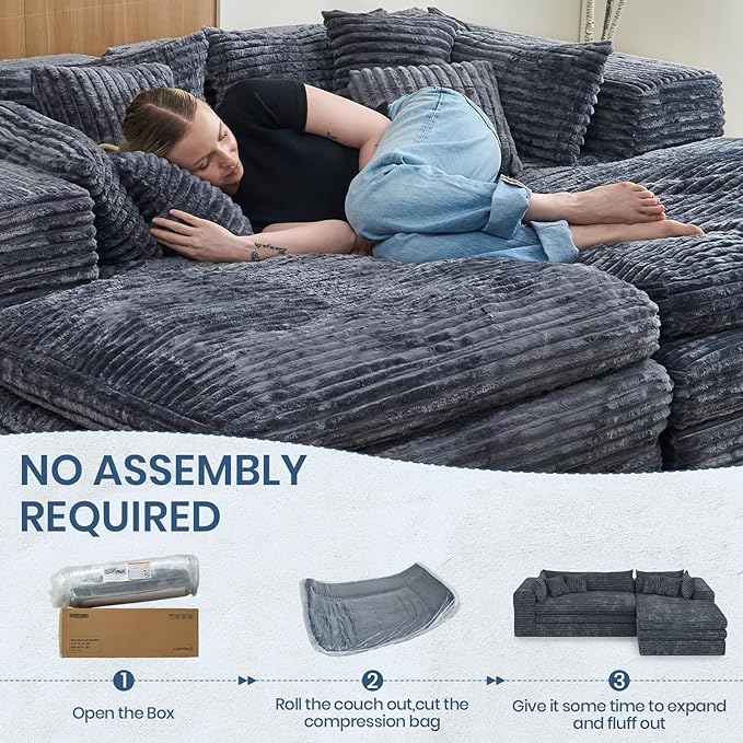Belffin Boneless Cloud L Shaped Couch with Deep Seat Plush Corduroy Boneless Modular Cloud Sectional Couches for Living Room. Right Facing Chaise. Grey Sofa