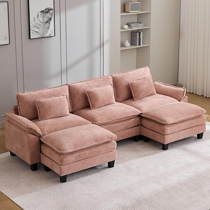120" Modular Sectional Sofa, Comfy Cloud Couch Sectional Sofa with Ottoman, Chenille Sofa Sleeper Deep Seat Sofa with Throw Pillows for Living Room (Pink, 120"- U Shape)