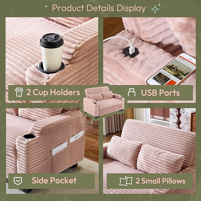 VINGLI Pink Futon Sofa Bed Convertible Loveseat Sleeper Sofa Couch, Corduroy Pullout Sofa Fold Out Couch Bed with USB Ports, Cup Holders, Armrest for Living Room, Bedroom Apartment Room | Loveseat Sleeper