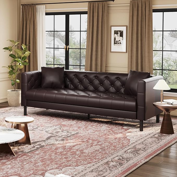 GarveeHome 81 in Leather Couch for Living Room, Modern Sofa Couch with Deep Seat and 2 Pillows, Handmade Button Tufted 3 Seater Sofa, Leather Sofa for Apartment, Office, Dark Brown