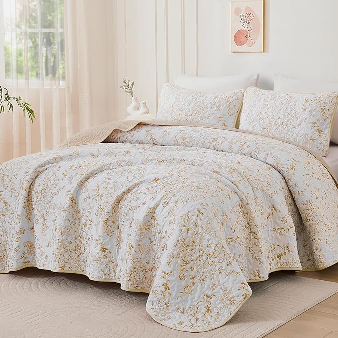 WONGS BEDDING Quilt Queen Size, Orange Quilt Bedding Set with 2 Pillowcases, Botanical Quilt for Queen Bed, Soft Microfiber Lightweight Coverlet Bedspread for All Season (96"×90", 3 Pieces)