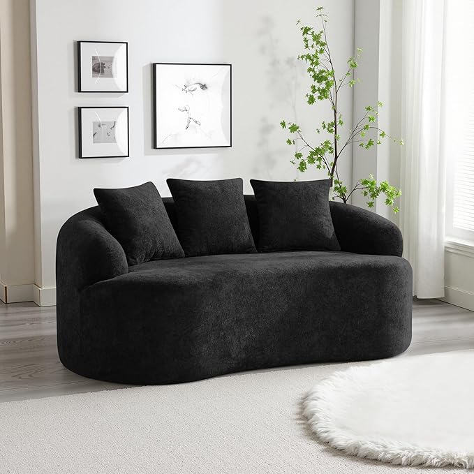 65" Boneless Loveseat Sofa Couch, Modern Comfy Curved Cloud Sofa, Chenille Deep Seat Love Seat Couches for Living Room, No Assembly, Black