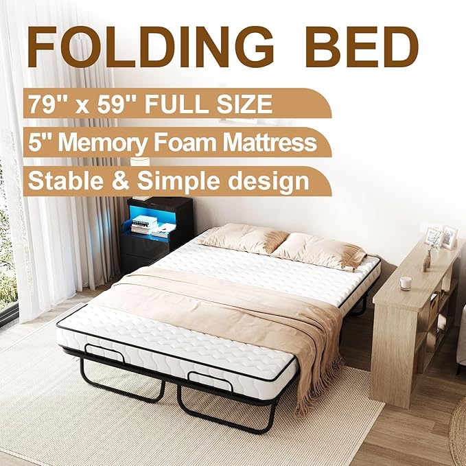 79" x 59" Full Size Folding Bed with Mattress for Adults, 5 Inch Memory Foam Mattress, Portable Foldable Rollaway Guest with Strong Metal & Wood Frame