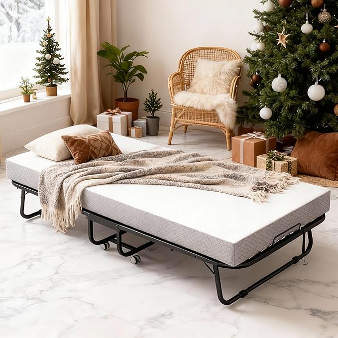 Decofy Folding Bed with Memory Foam Mattress, Portable Rollaway Guest Beds on Wheels, 75"x31" Twin Size Space-Saving Cot-Size Bed for Adults with Easy Assembly Metal Frame (White)