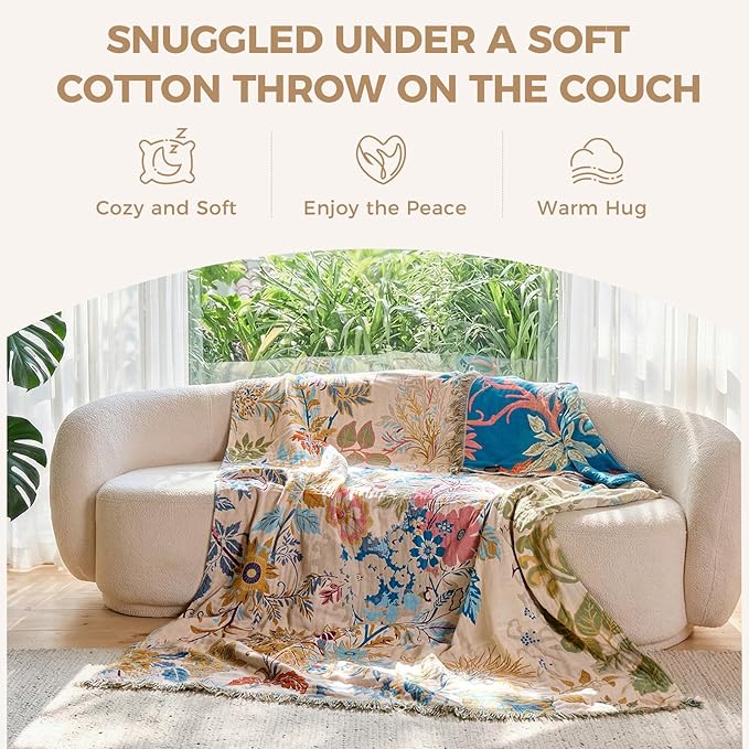 LUTBM Boho Throw Blanket for Bed Cotton Spring Blankets Twin Size for Bedroom Living Room All Season Lightweight Floral Embroidery Decorative Breathable Quilt for Couch Sofa Chair 60"x80"