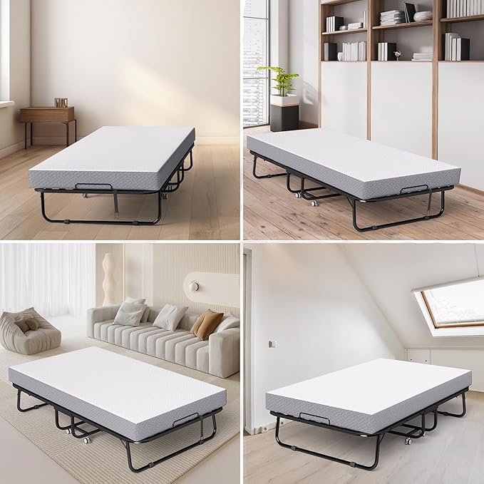 Decofy Folding Bed with Memory Foam Mattress, Portable Rollaway Guest Beds on Wheels, 75"x38" Twin Size Space-Saving Cot-Size Bed for Adults with Easy Assembly Metal Frame (White)