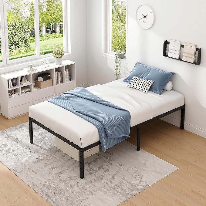Metal Bed Frame,Twin Size Bed Frame with Storage Space,Heavy Duty Sturdy Mattress Foundation,Easy Assembly,No Box Spring Needed, Black,12 Inch,Twin
