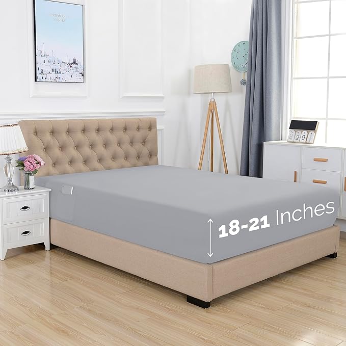 Elegant Comfort 1500 Premium Hotel Quality 18-21 Inches Deep - Extra Deep Pocket Single Fitted Sheet for High Mattress, Luxury and Softest, Smart Pocket - Wrinkle Free, California King, Silver