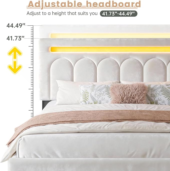 Homkdom Queen Upholstered Bed Frame with 4 Drawers and Velvet Headboard, Platform Bed Frame Queen Size with LED Lights, Wooden Slats Support,Easy Assembly, Beige