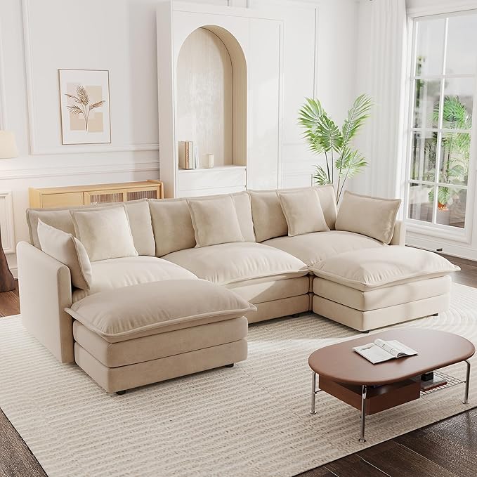 mikibama Modular Sectional Sofa, 111.5 Inch U Shaped Couch Set for Living Room, 3-Seater Comfy Cloud Couches with Movable Ottoman, DIY Combination, Chenille, Light Coffee