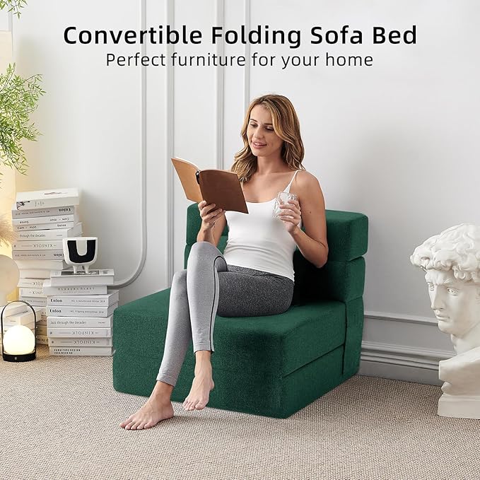 FILUXE Folding Sofa Bed | Convertible Sleeper Chair Bed for Adults, Fold Out Chair to Bed Linen Futon Chair with Pillow, for Home Dorm Apartment RV Living Room, Single Size Dark Green