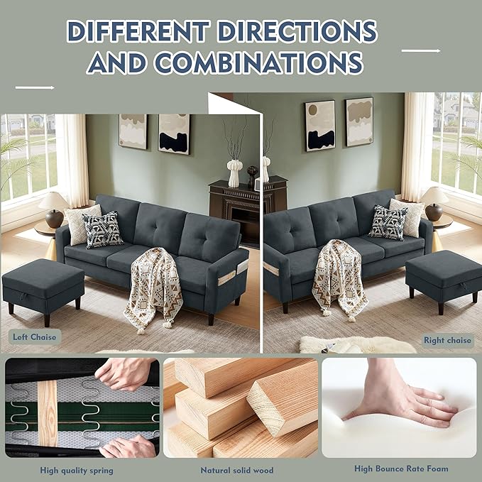 79" Convertible Sectional Sofa, Small L Shaped 3 Seat Couch with Storage Chaise and Side Pocket, Modern Linen Fabric Reversible Sofa Couches for Living Room, Apartment and Small Space