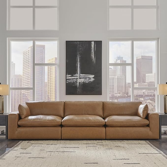 Signature Design by Ashley Emilia Modern Leather Match 3-Piece Sectional Sofa with Loose Back Cushions and 2 Bolster Pillows, Light Brown