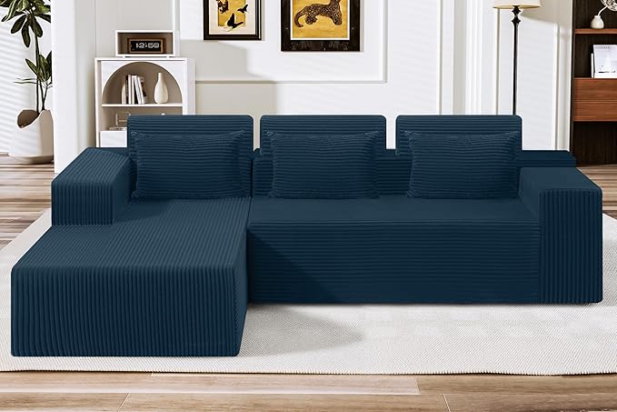 HABUTWAY Sectional Couches for Living Room,No Assembly L Shaped Couch 105" Modular Sectional Sofa Couch with Deep Seat,Cloud Couches Furniture Sets for Apartment,Corduroy (Blue, Left Facing)