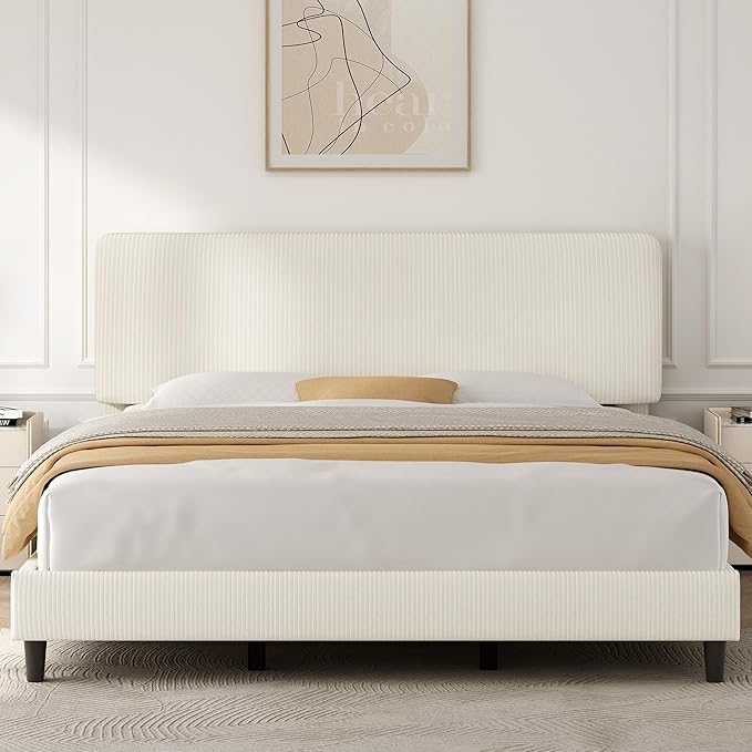 Yaheetech King Bed Frames with Adjustable Headboard, Chenille Fabric Upholstered Headboard/Platform Bed, King Size Bed Frame No Box Spring Needed/Wood Slats Support/Easy Assembly/Beige
