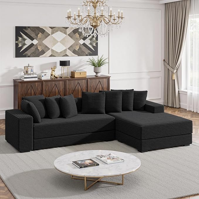 111'' Modular Sectional Cloud Couches with Chaise, L Shaped Extra Large Sleeper Couch Reversible Fluffy Corduroy with 8pcs Pillows for Living Room(Black Right Facing Chaise)