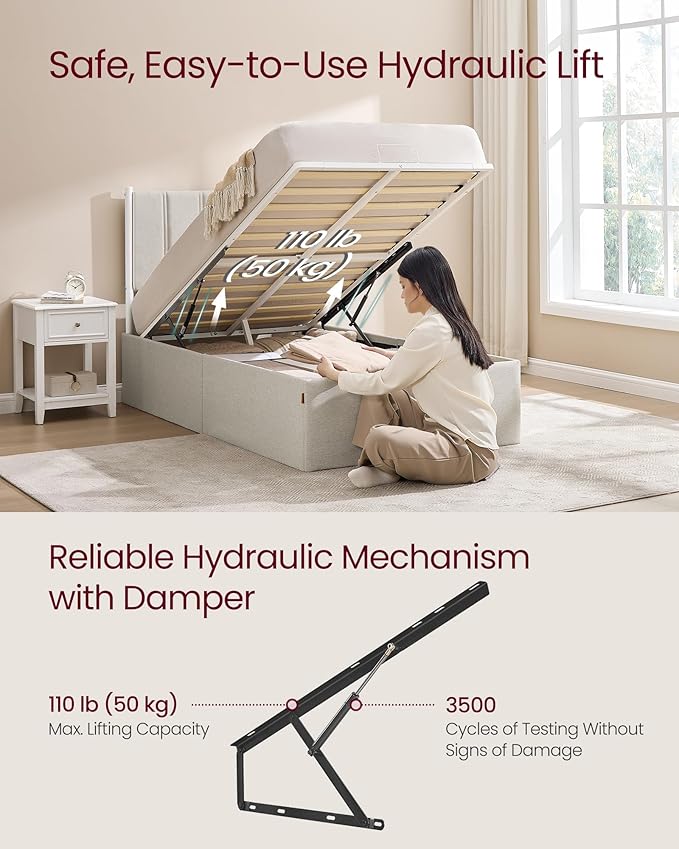 VASAGLE Lift Up Storage Bed Frame Twin Size, Hydraulic Platform Bed, with Upholstered Headboard, 550 lb Weight Capacity, No Box Spring Needed, Easy Assembly, Modern, Cappuccino Beige URMB603W01