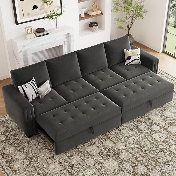 Belffin Modular Sectional Sleeper Sofa with Pull Out Bed Convertible Velvet Sleeper Sofa with Storage Sectional Couches for Living Room Grey