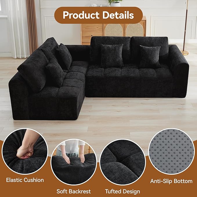 110''Modular Sectional Couches for Living Room, Cloud Boneless Compressed Sofa Left Facing Chaise, Oversized L Shaped 4 Seater Memory Foam Sofa, No Assembly, Chenille Black