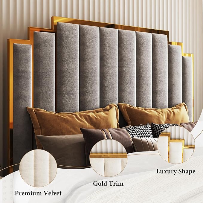 AMERLIFE King Size Upholstered Bed, Modern Velvet Bed Frame with 65.4” Tall Gold Trim Headboard, No Box Spring Needed, Grey
