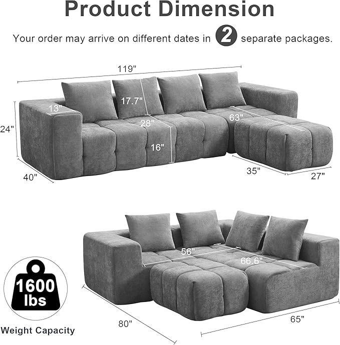 119" Boneless Couch, Cloud Sectional Couch with Deep Seat, High-Density Memory Foam and Chaise, Sectional L Shaped Sofa, Boneless Couches for Living Room, No Assembly Required Tufted Sofa, Light Grey