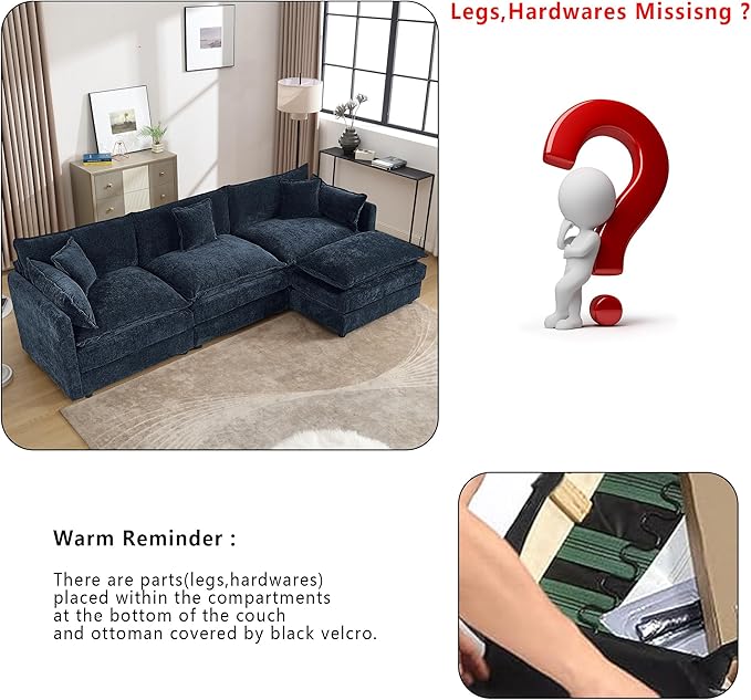 Setawix Deep 3 Seater Couch with Ottoman,112.2" L-Shaped Cloud Couches for Living Room,Chenille Cloud Sofa Couch with Deep Seat,Modular Sectional L Shape 3 Seat Sofa for Bedroom. (Blue, 3+1)