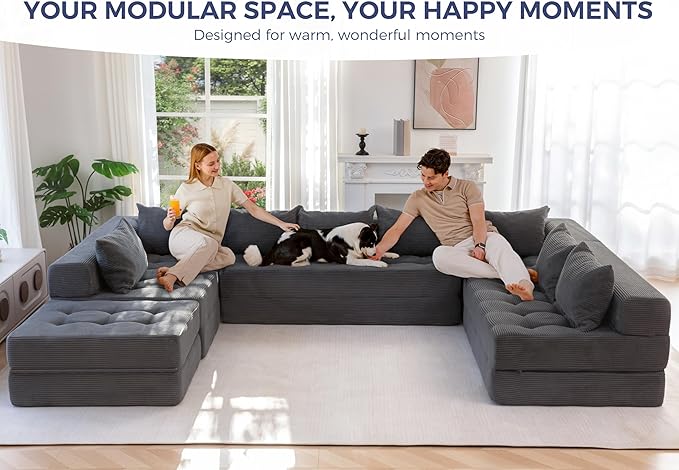 MAXYOYO Modular Sectional Sofa Couch, Foldable Oversized U Shaped Cloud Couch with Pillows, Tufted Boneless Sleeper Lounger Floor Sofa Bed for Living Room, No Assembly Required, Dark Grey