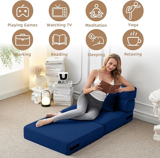 FILUXE Folding Sofa Bed | Convertible Sleeper Chair Bed for Adults, Fold Out Chair to Bed Linen Futon Chair with Pillow, for Home Dorm Apartment RV Living Room, Single Size Navy Blue