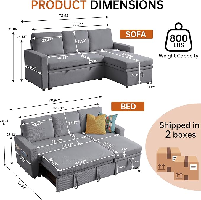 79" Sectional Sofa Couch, L Shaped Sleeper Sofa Bed with Reversible Storage Chaise, Side Pockets, Durable Cushions, Convertible Pull Out Bed Couch for Living Room, Light Grey