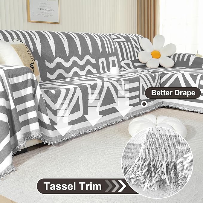 OstepDecor Boho Sectional Couch Covers 2 Pieces, L Shaped Sofa Cover, Chenille Couch Cover for Dogs Washable, Couch Cover Blanket, Sofa Slipcover for 2-3 Cushion Couch (71"x110"+71"x118", Dark Grey)