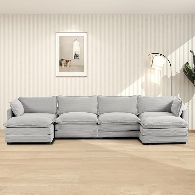 ROWHY 148'' Sectional Cloud Couch with 2 Ottomans, Oversized 4 Seat Sleeper Sofa with 2 Throw Pillows, Convertible Upholstered U Shaped Cozy Sofa Furniture Set for Living Room and Office, Light Grey