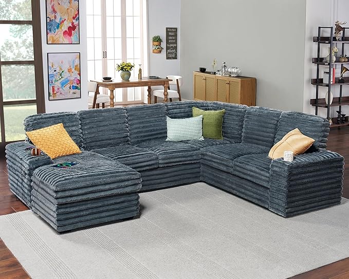 PaPaJet 112 Inch Oversized Couch, U Shaped Sofa with Storage Chaise, Sectional Sofa with Type-C & USB Ports, Faux Fur Dark Grey