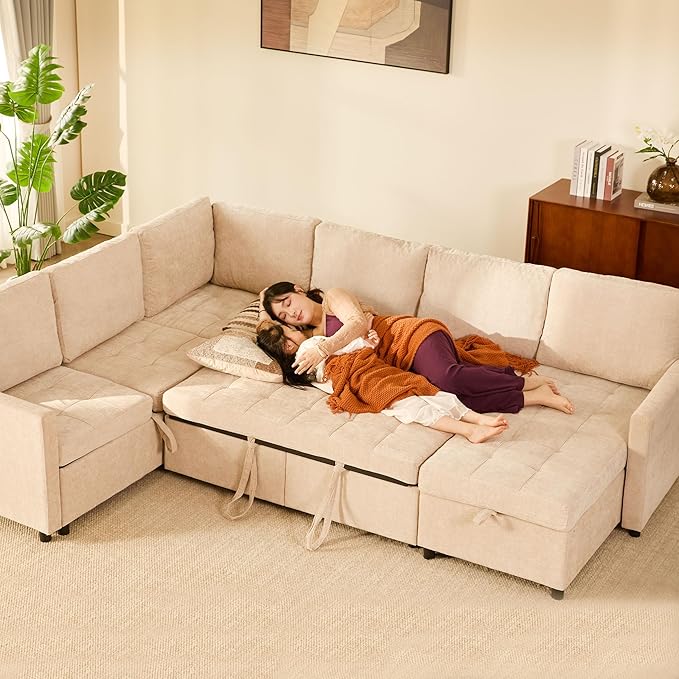 107" Sleeper Sofa, Set of Modular Pieces with Pull Out Bed, U Shaped Sectional Couch with Storage, Extra Wide&Deep Seat Couches for Living Room, Removable Sofa Cover, Chenille-Flat White