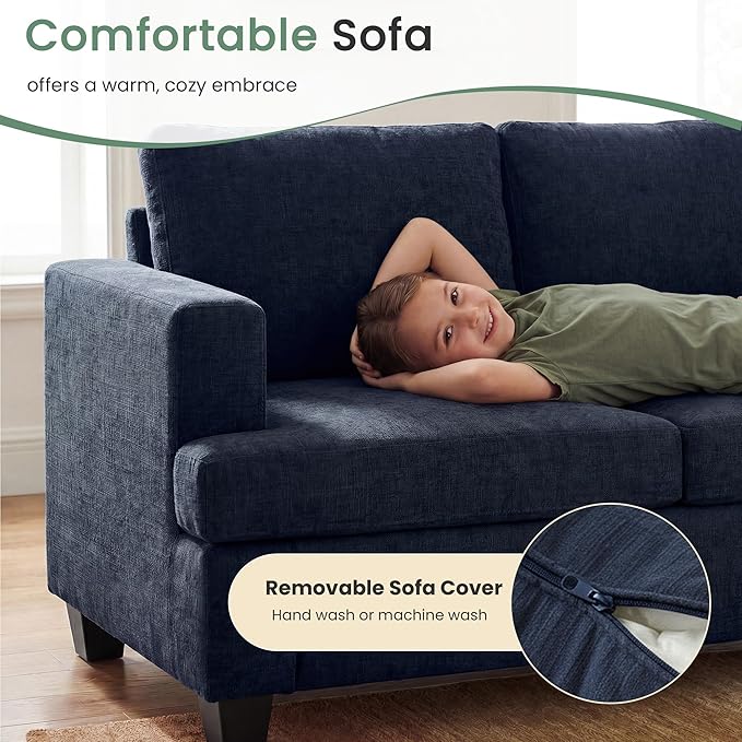 YOUDENOVA Sofa, 3 Piece Set Comfy Sofa, Loveseat & 2 3-Seater Couch with Deep Seats for Living Room, Modern Sleeper Couch, Navy Chenille