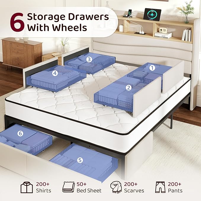 BRELTAM King Size Bed Frame with 6 Storage Drawers, Linen Upholstered Platform Bed with Charging Station,2-Tier Wave-Shaped Headboard Design,No Box Spring Needed,Easy Assembly,Beige