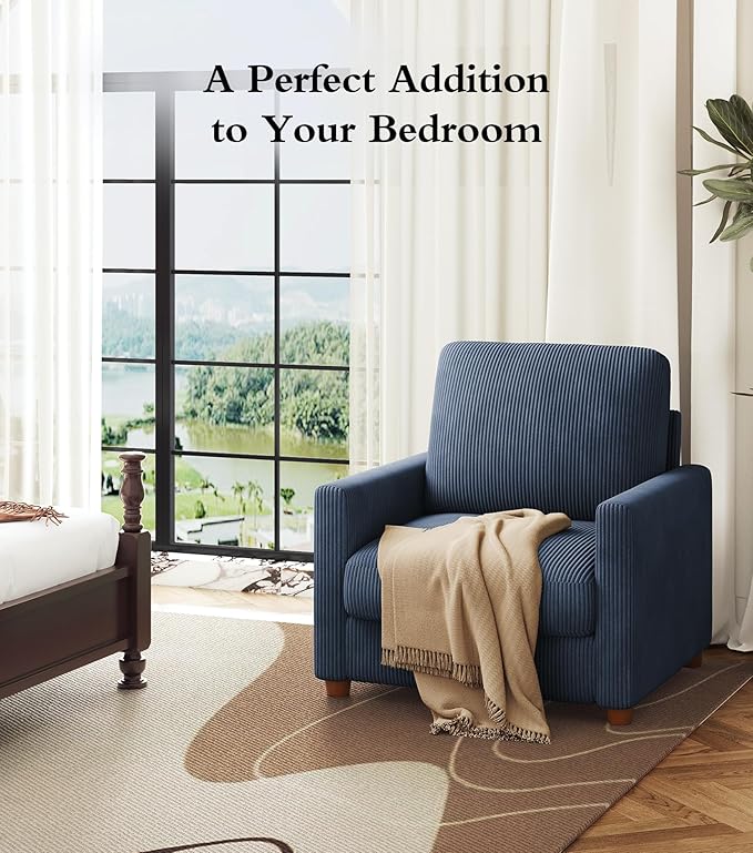 Kidirect 35.5in Oversized Accent Chair, Easy to Assemble Living Room Chairs, Corduroy Reading Chair for Bedroom, 22.5in Deeper Seats Accent Chairs for Living Room, Comfy Armchair Reading Nook, Blue