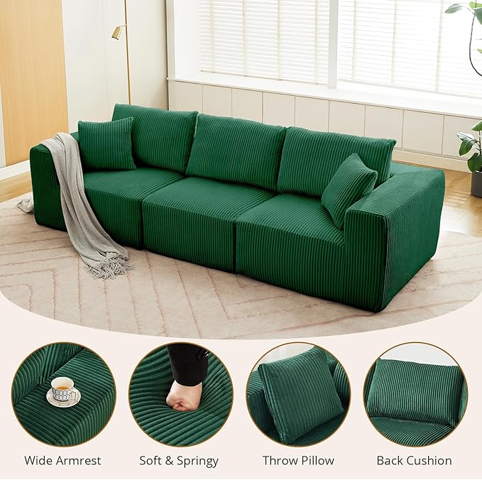 Sectional Cloud Boneless Couch 108" Modern Comfy Linear Straight No Assembly Required Convertible Compression Sleeper Modular Sofa with Corduroy Fabric 3 Deep Seat Single for Living Room