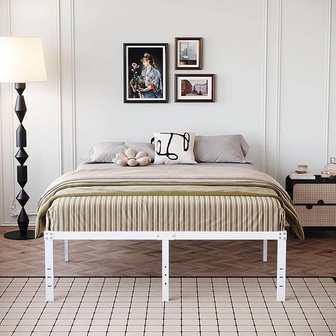 DiaOutro 18 Inch Queen Bed Frame Heavy Duty Metal Platform No Box Spring Needed, Maximum Storage, Easy Assembly, Noise Free, White