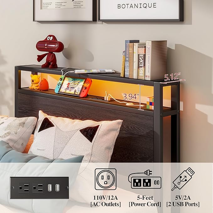 BOFENG Metal Bed Frame Twin Size,Black Wood Storage Headboard with Charging Station/LED Lights,Heavy Duty Metal Platform Bed Frames No Box Spring Needed,Noise Free,Easy Assembly