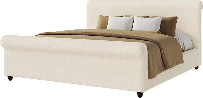 Christopher Knight Home Chenzi Linen Upholstered King Bed Frame and Headboard with Footboard, Wooden Platform King Size Bed Frame and Double-Layer Oval Legs, No Box Spring Needed, Beige