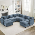 113'' V Shaped Cloud Sectional Sofa, Oversized Deep Seat Couches for Living Room, Chenille Comfy Upholstered Modular Sectional Sofa Couch with 2 Movable Ottoman, Blue