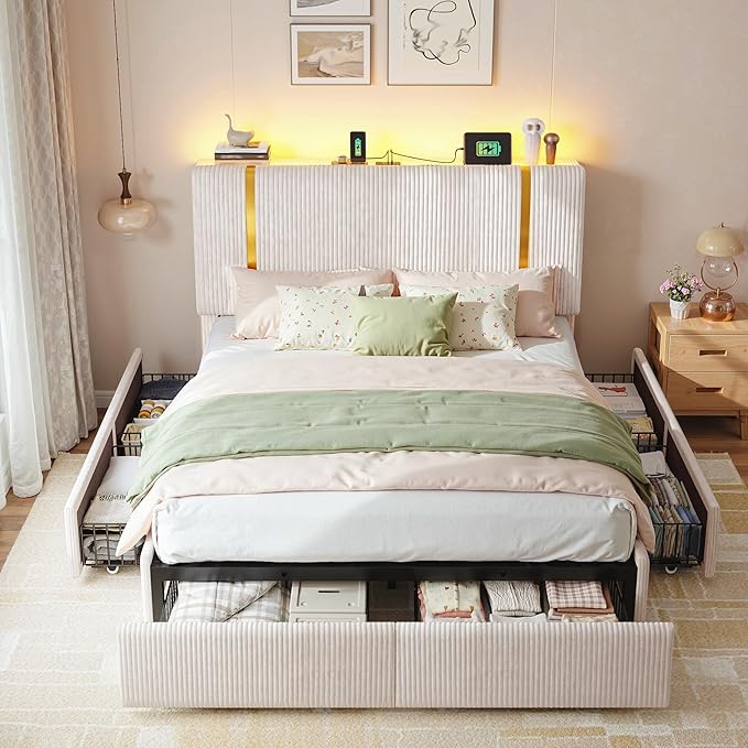 Homkdom Full Size Bed Frame with Adjustable Headboard Soft Upholstered Bed Frame Full with 6 Storage Drawers, LED Light & Charging Station,Noise Free,No Box Spring Needed,Modern,Beige