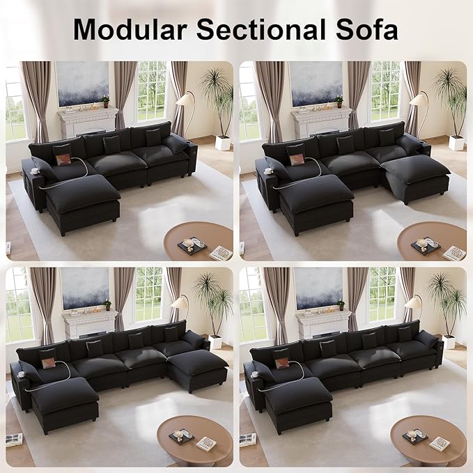 152" Modular Sectional Sofa, L Shaped Cloud Couch with Movable Ottoman, Chenille Deep Seat Cloud Sofa with Charging Station, Cup Holder, Side Pocket, Sectional Couches for Living Room, Black