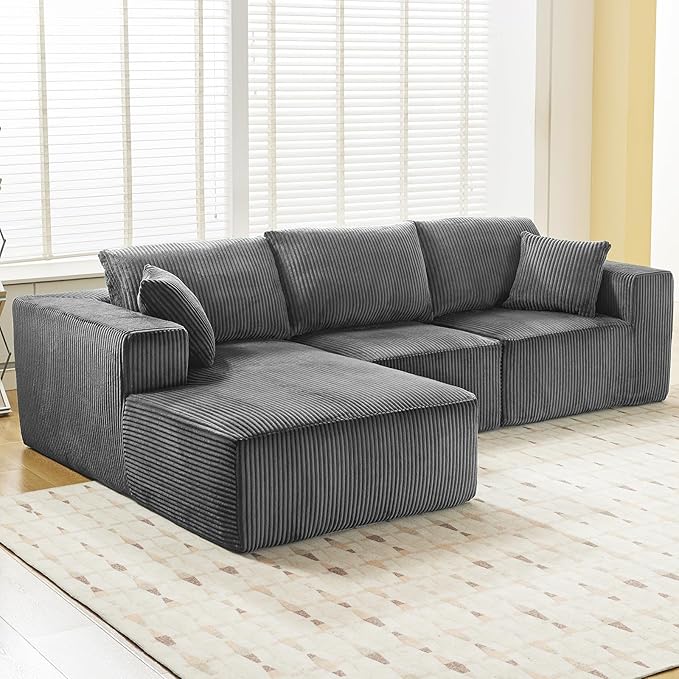 Sectional Cloud Boneless Couch 108" Modern Comfy L-Shape No Assembly Required Convertible Compression Sleeper Modular Sofa with Corduroy Fabric Deep Seat Loveseat + Chaise for Living Room
