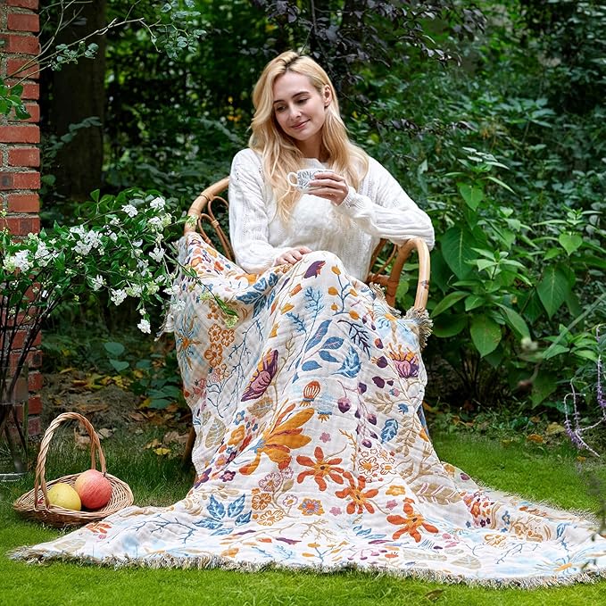 LUTBM Boho Throw Blanket with Florals & Leaves Embroidery Reversible Lightweight Spring Cotton Gauze Throws for Couch,Bed,Sofa & Chair Decor - Bohemian Living Room Accent Gift 50"x60"