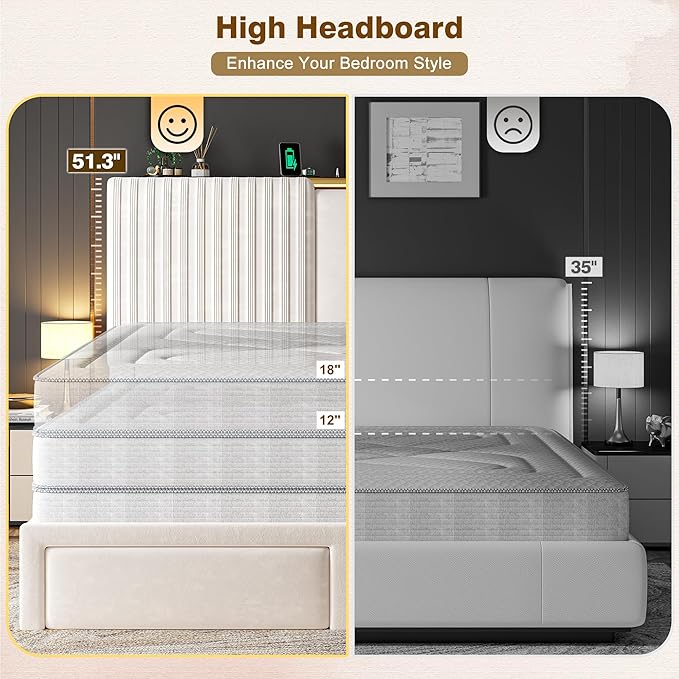 Homkdom Queen Bed Frame with Velvet Storage Headboard, 2 Large Drawers & 3 Charging Ports, 51.3" Tall Platform Bed Frame Queen Size, Sturdy Wood Slats, No Box Spring Needed, Beige